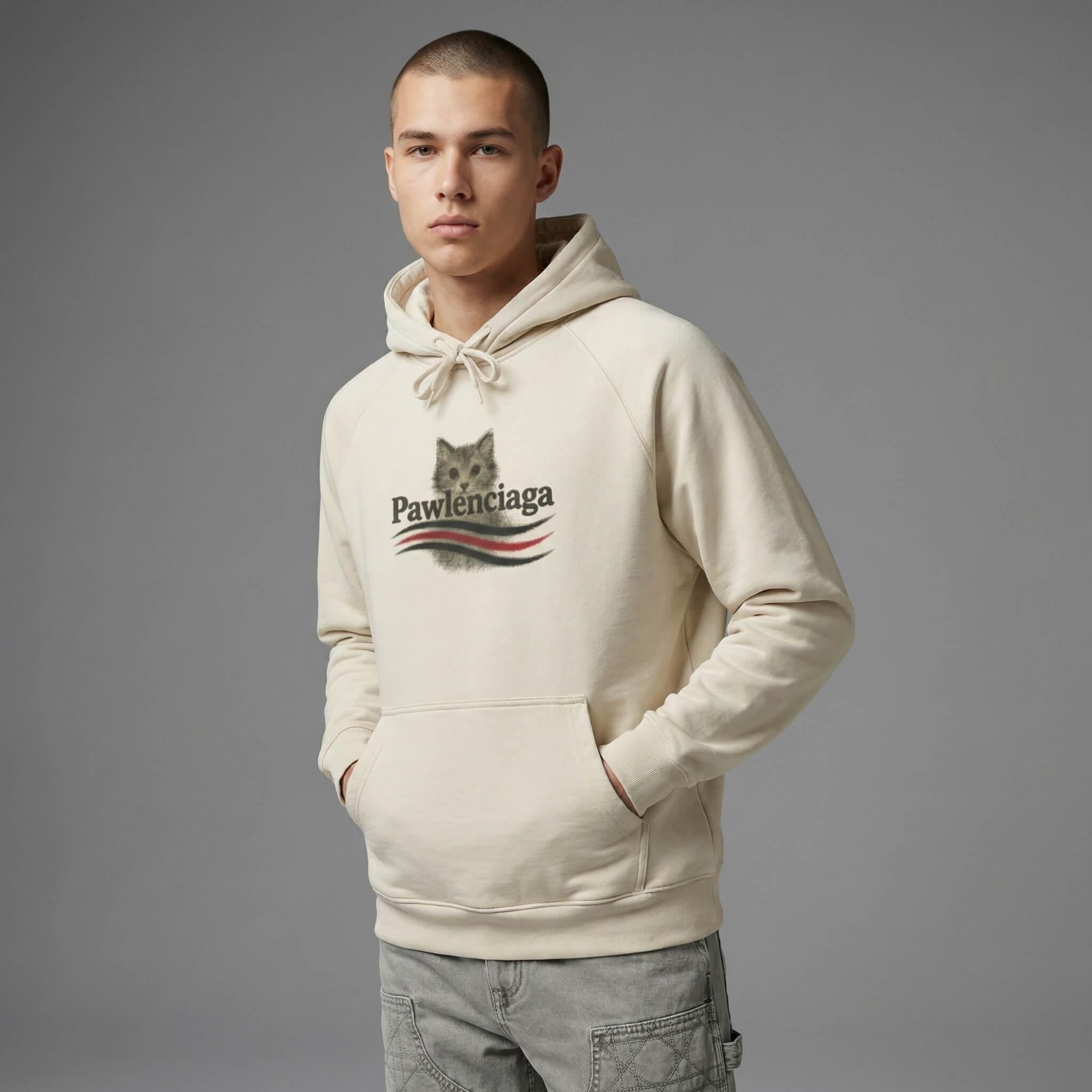 Man wearing funny cat hoodies with Pawlenciaga designer parody logo
