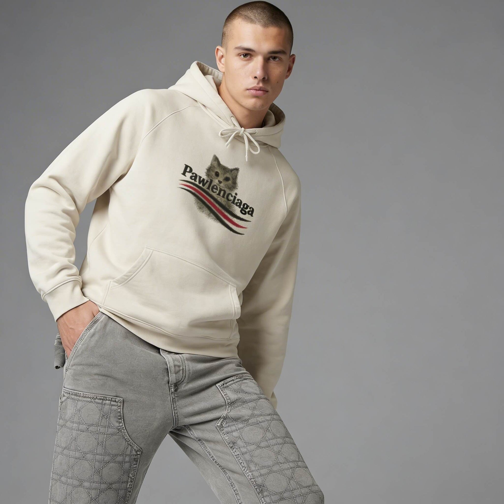 Man wearing a beige designer hoodie with a cat graphic design on a gray background