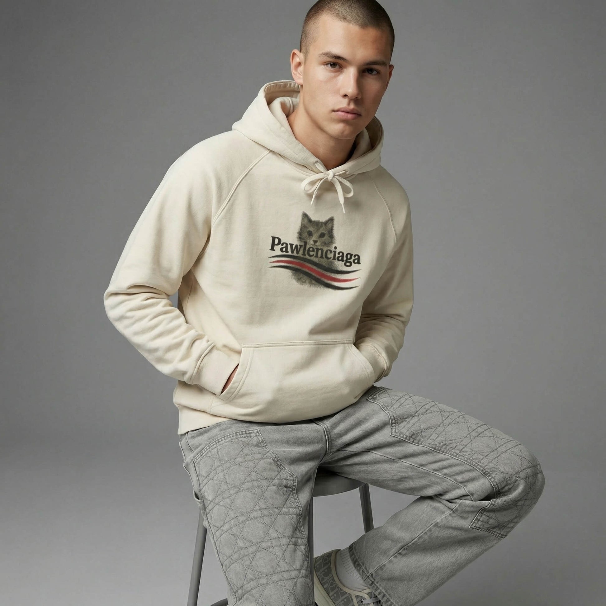 Person wearing a beige Pawlenciaga hoodie with a designer parody logo sitting on a stool against a gray background