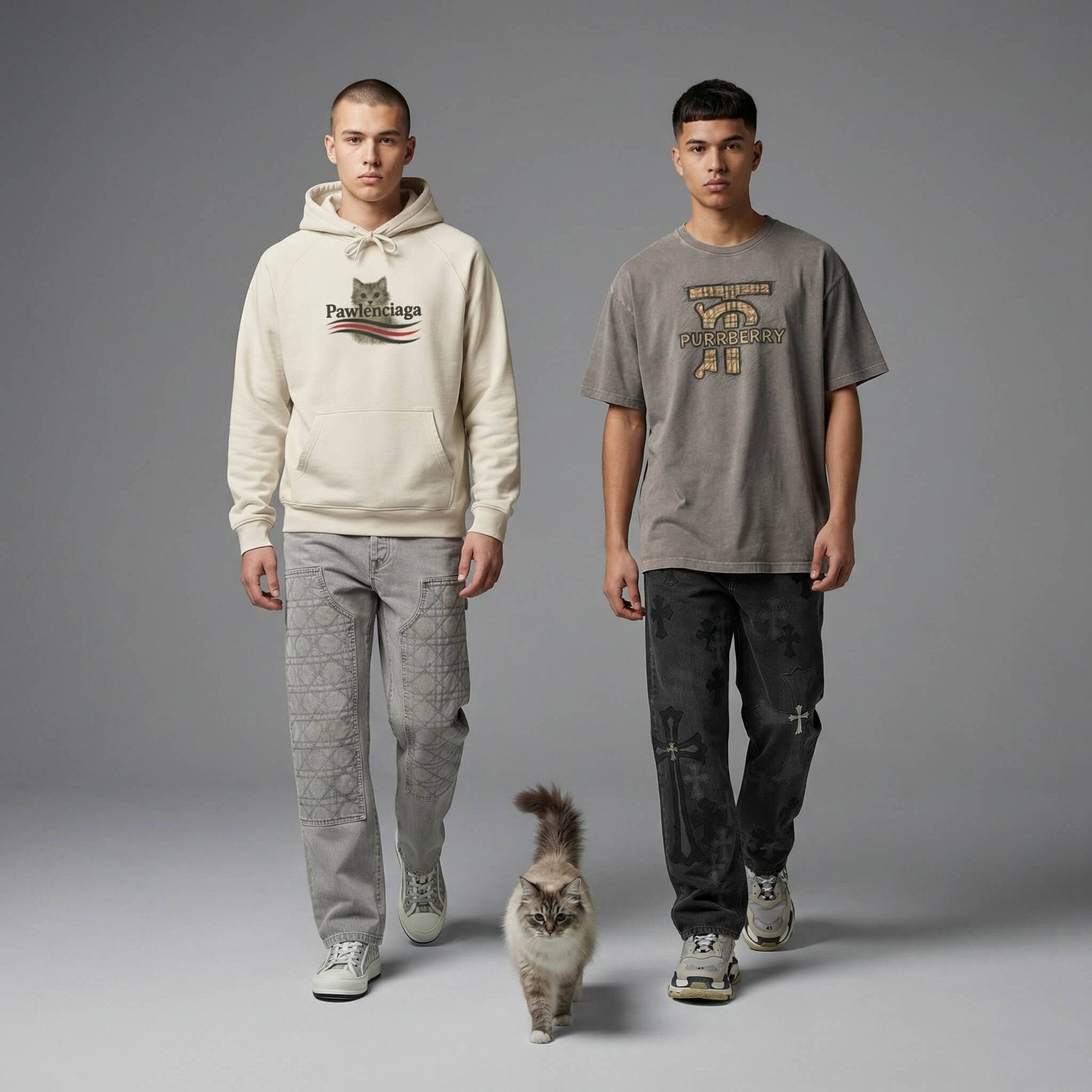 Two man model wearing designer cat theme t shirts, Mad Cat Cartel designs