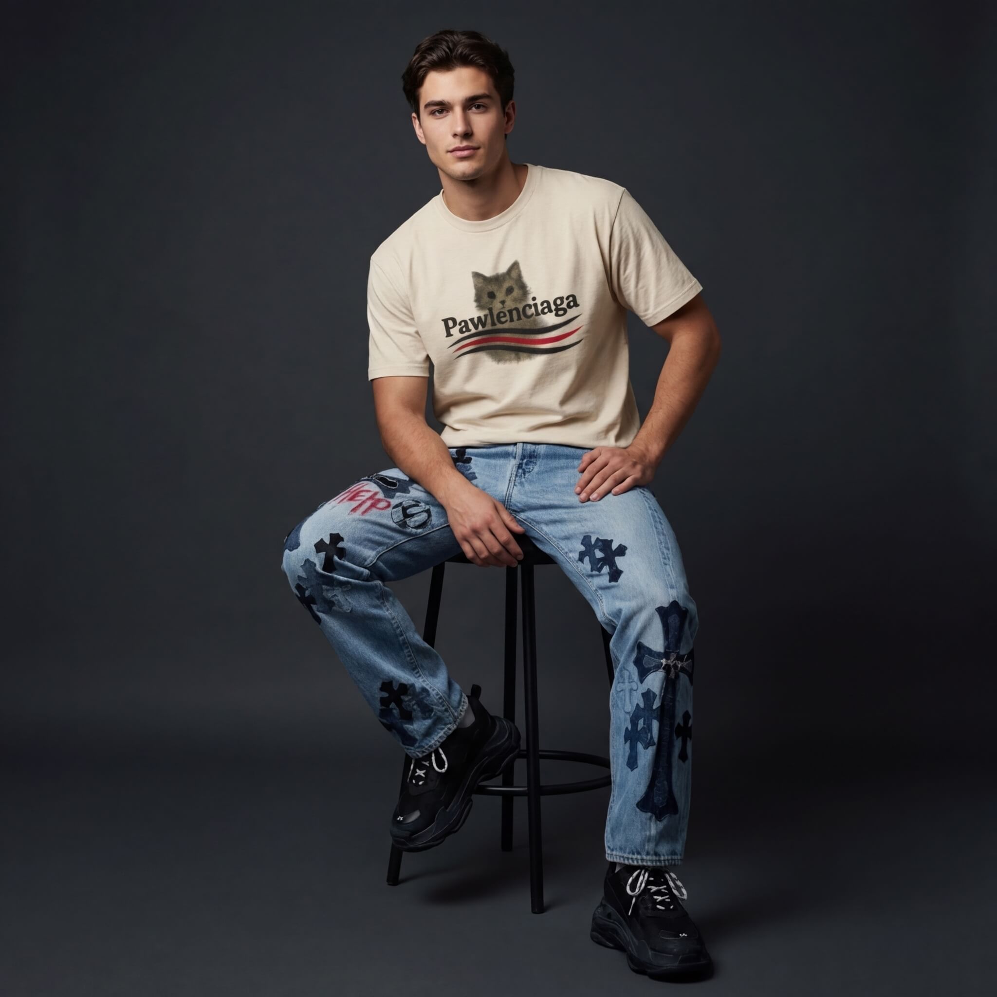 Pawlenciaga Airbrush Cat Parody Designer Logo T-Shirt in natural, worn by a male model