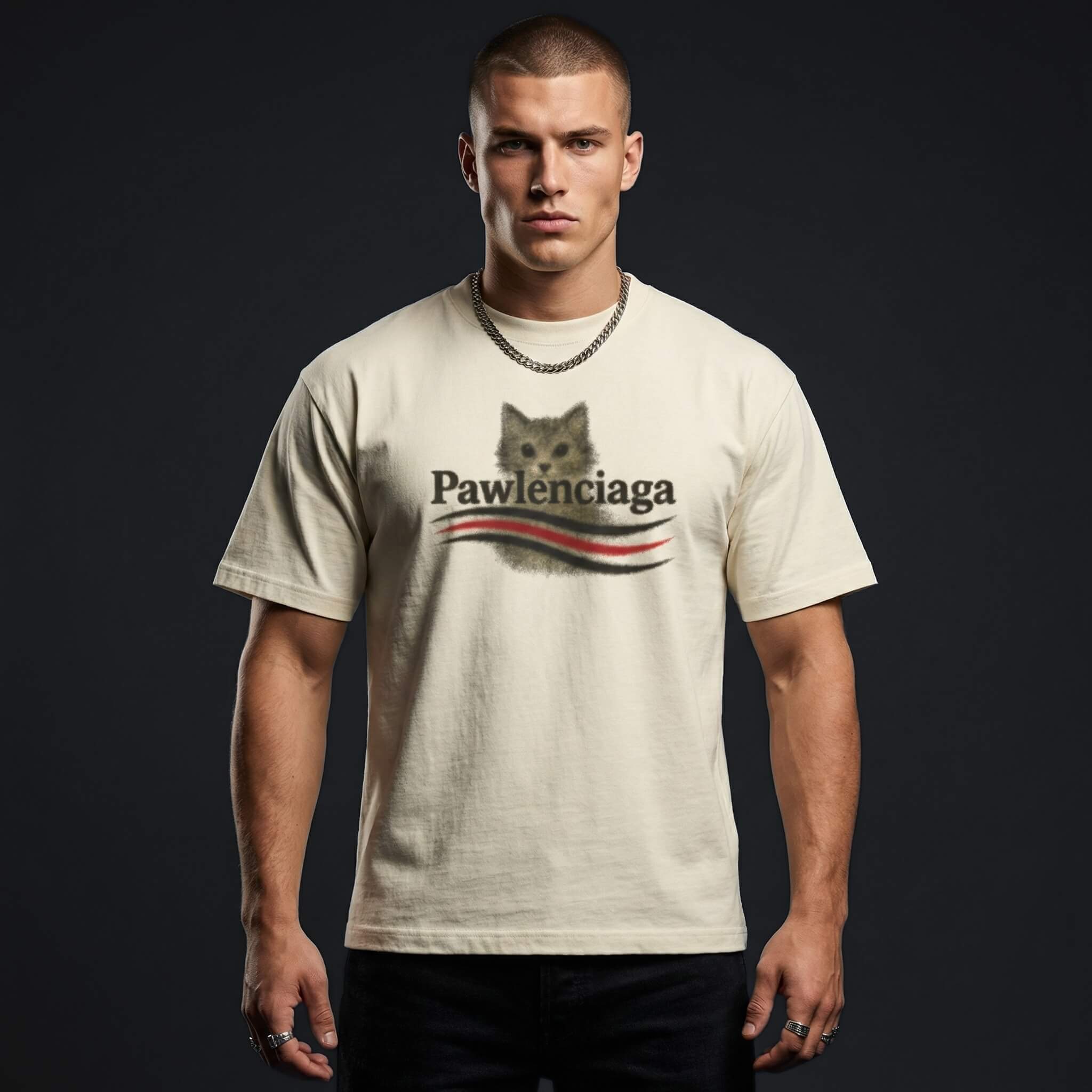 Pawlenciaga Airbrush Cat Parody Designer Logo T-Shirt in natural, worn by a male model