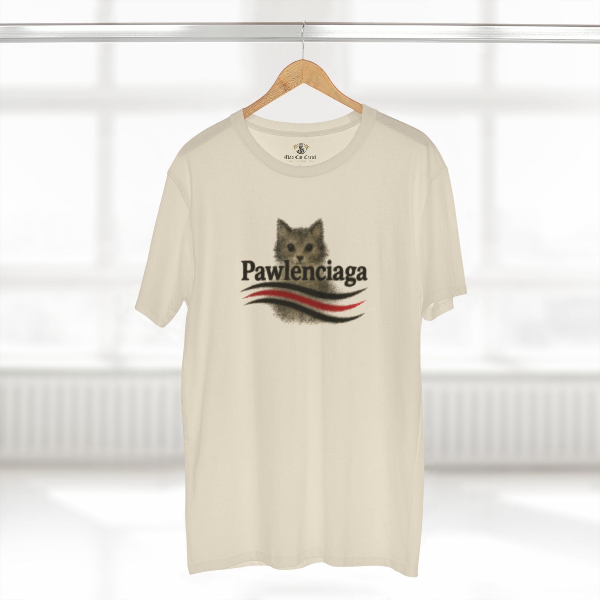Pawlenciaga Airbrush Cat Parody Designer Logo T-Shirt in natural, on a hanger