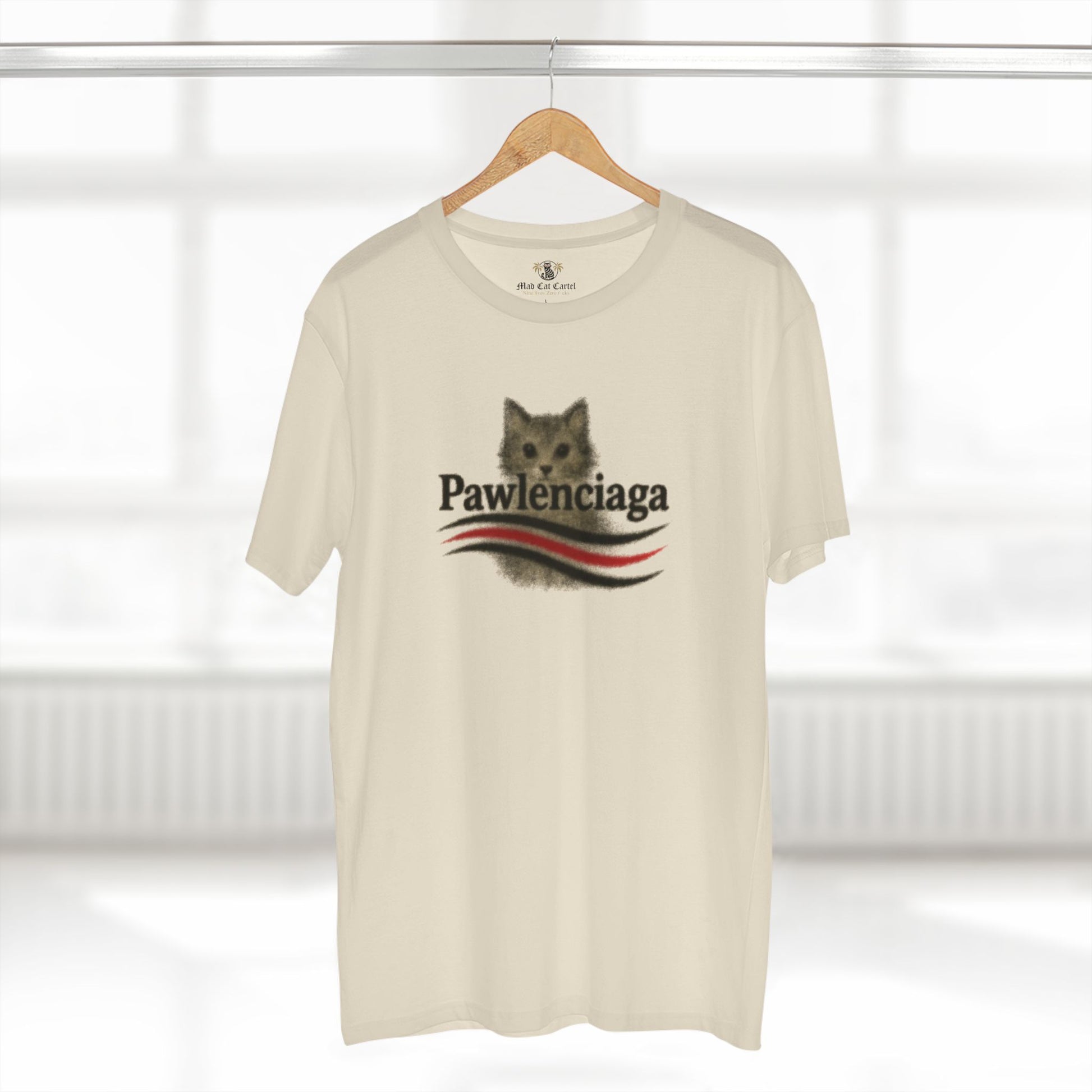 hanger display, natural Pawlenciaga cat graphic shirt, relaxed cotton cat t shirt for everyday wear