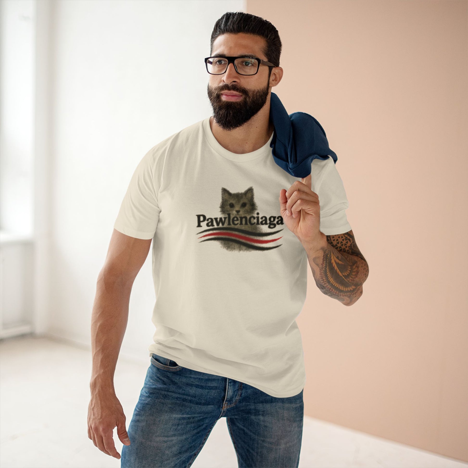 male model wearing natural Pawlenciaga cat logo tee, cat on a shirt style for humans