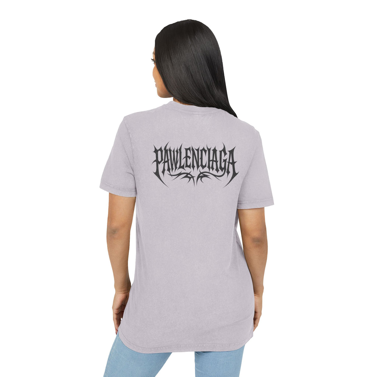 Pawlenciaga Apocalypse Cat Graphic Acid Washed T-Shirt in soft lilac, back view on a female model