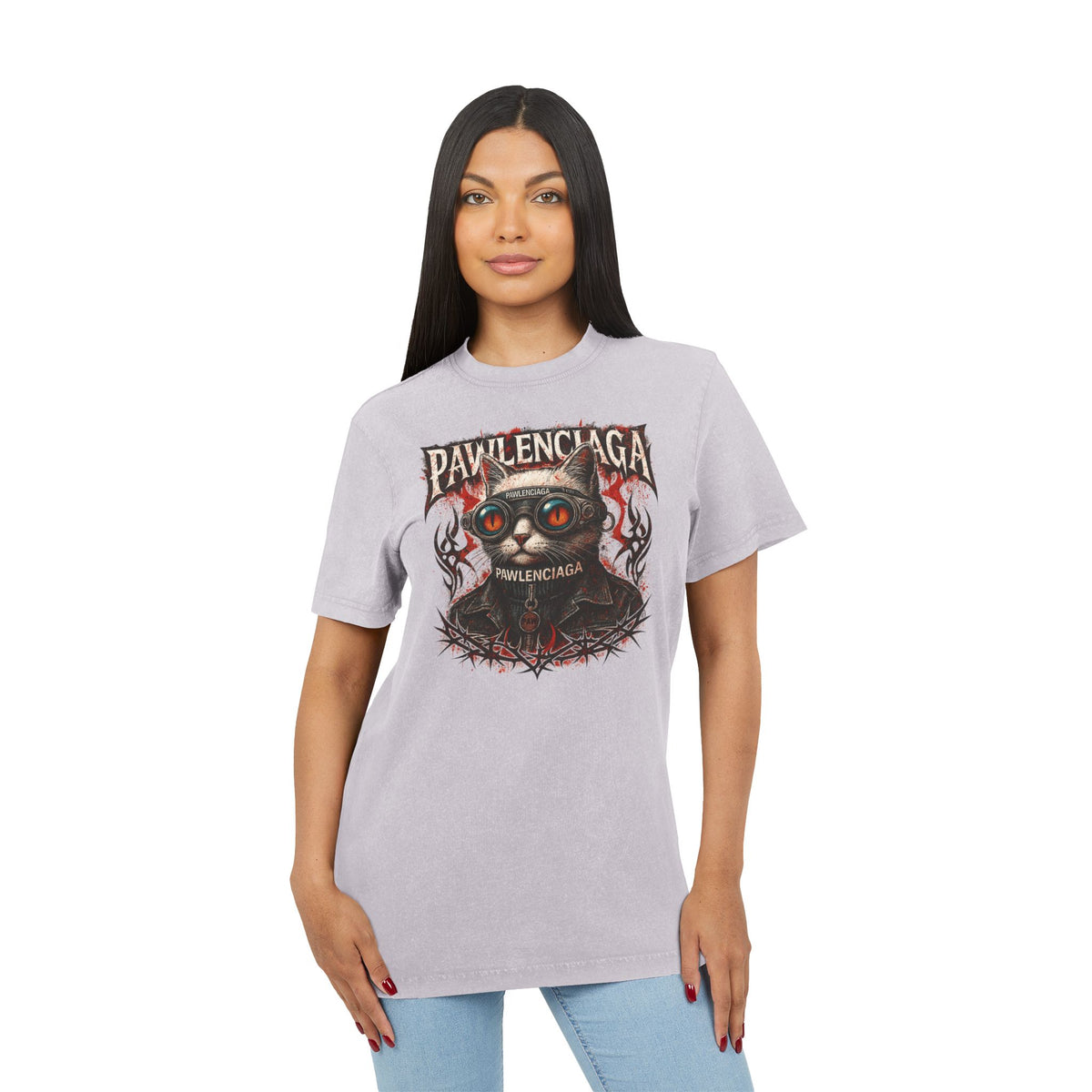 Pawlenciaga Apocalypse Cat Graphic Acid Washed T-Shirt in soft lilac, worn by a female model