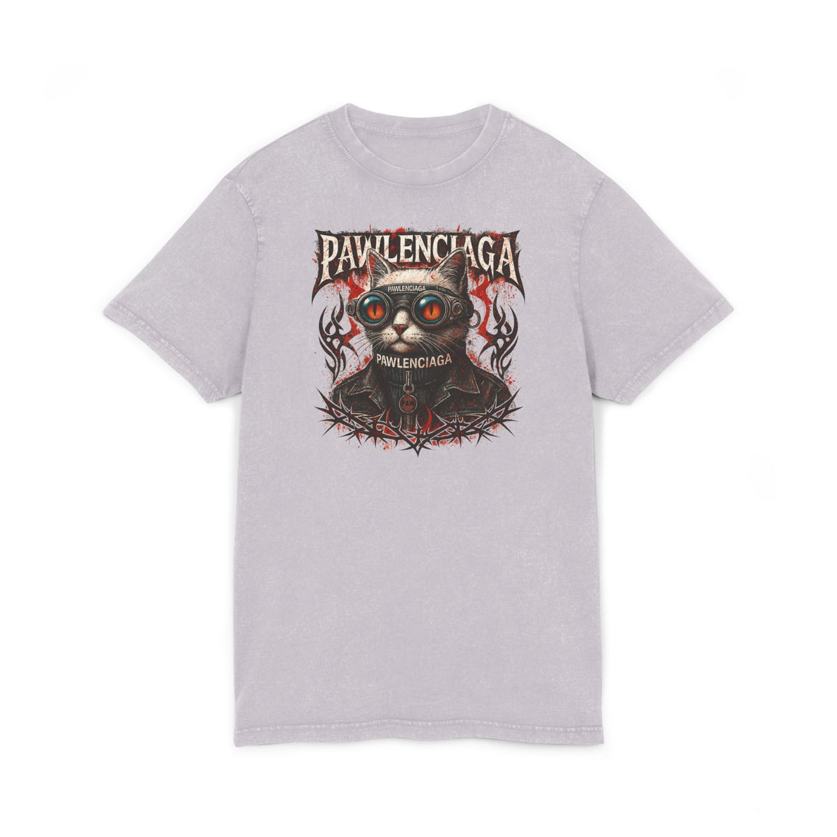 Pawlenciaga Apocalypse Cat Graphic Acid Washed T-Shirt in soft lilac, front view