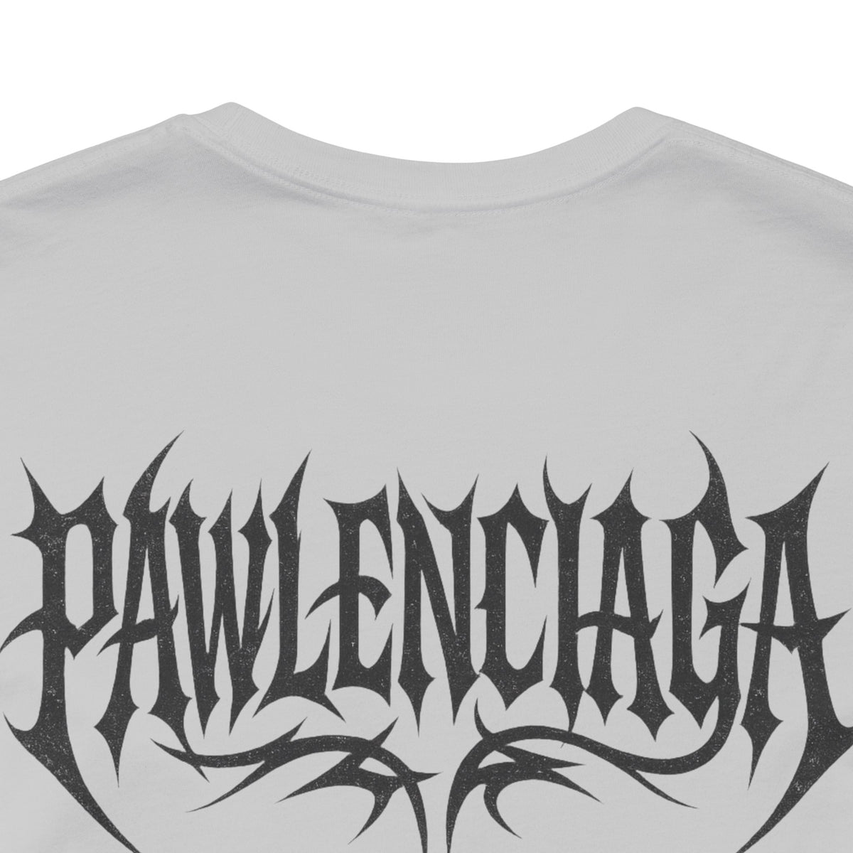 Pawlenciaga Apocalypse Cat Graphic T-Shirt in solid athletic grey, close-up of the back print