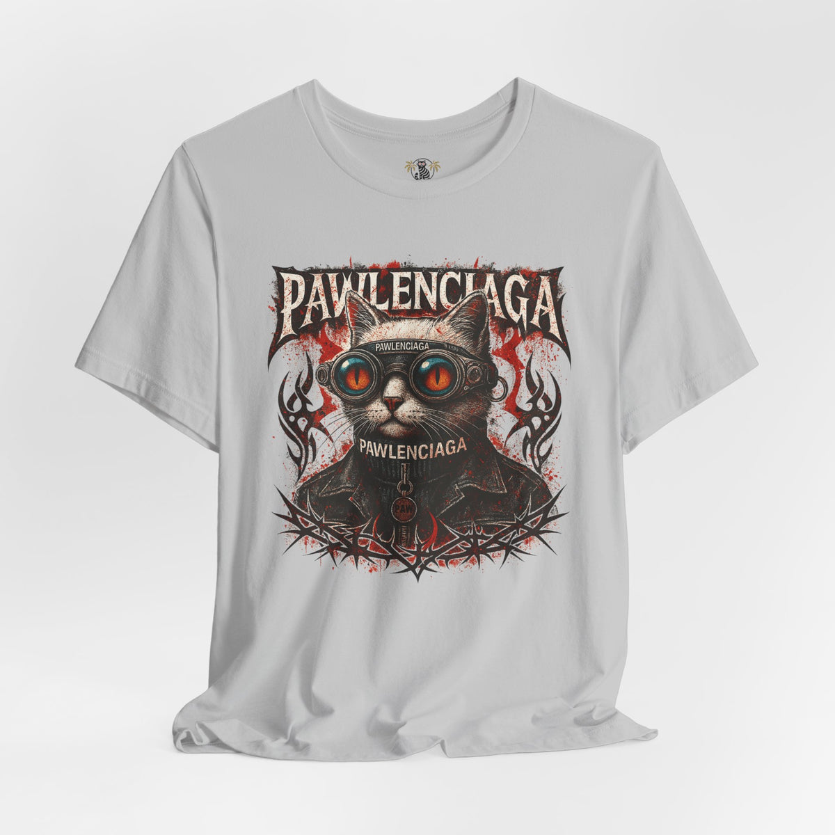 Pawlenciaga Apocalypse Cat Graphic T-Shirt in solid athletic grey, flat lay