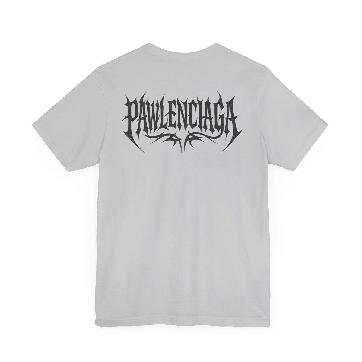 Pawlenciaga Apocalypse Cat Graphic T-Shirt in solid athletic grey, flat lay, back
