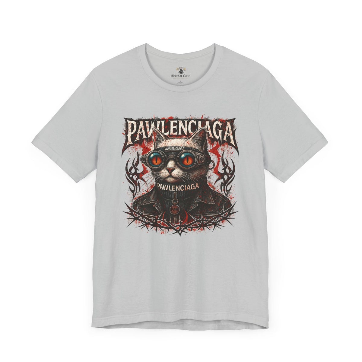 Pawlenciaga Apocalypse Cat Graphic T-Shirt in solid athletic grey, flat lay