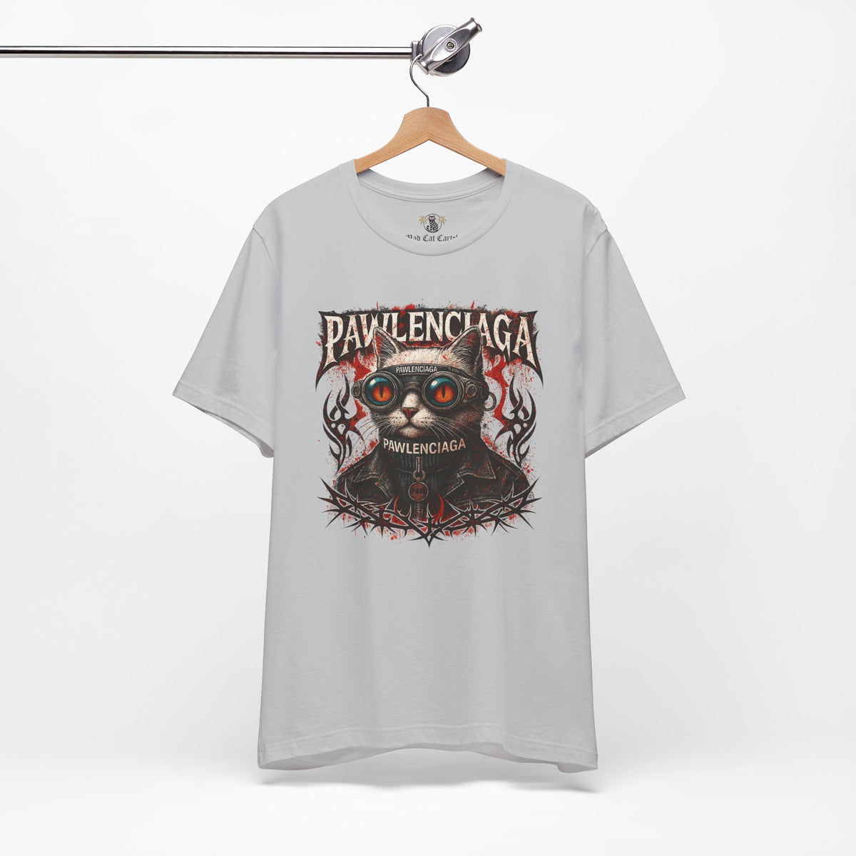 Pawlenciaga Apocalypse Cat Graphic T-Shirt in solid athletic grey, on a hanger