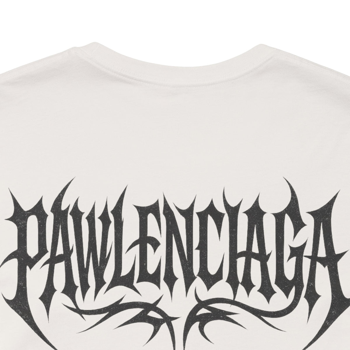 Pawlenciaga Apocalypse Cat Graphic T-Shirt in vintage white, close-up of the back print
