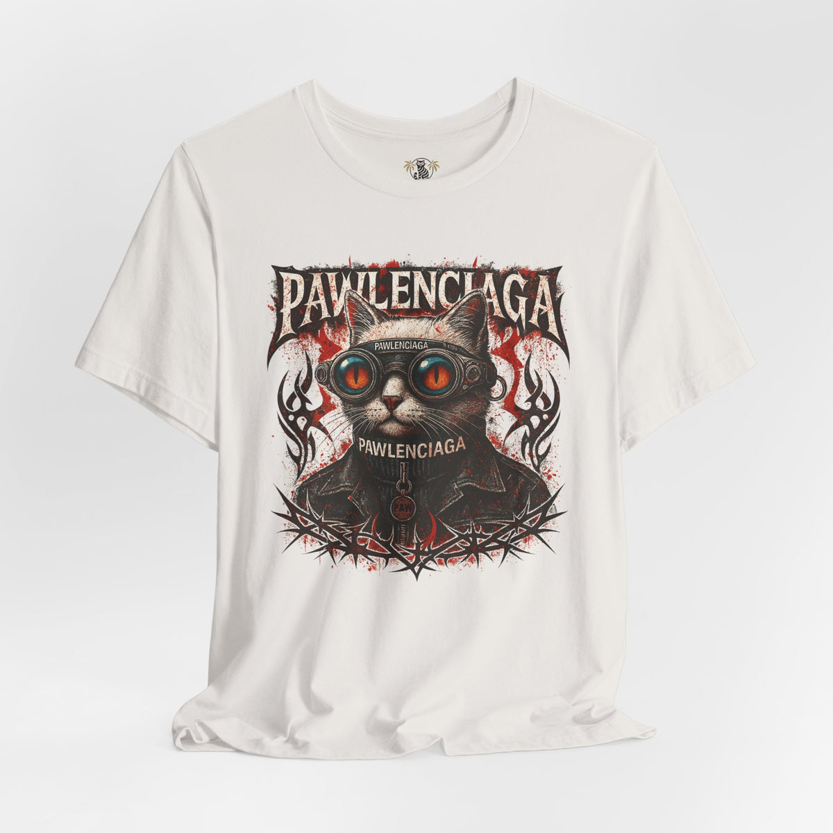 Pawlenciaga Apocalypse Cat Graphic T-Shirt in vintage white, flat lay
