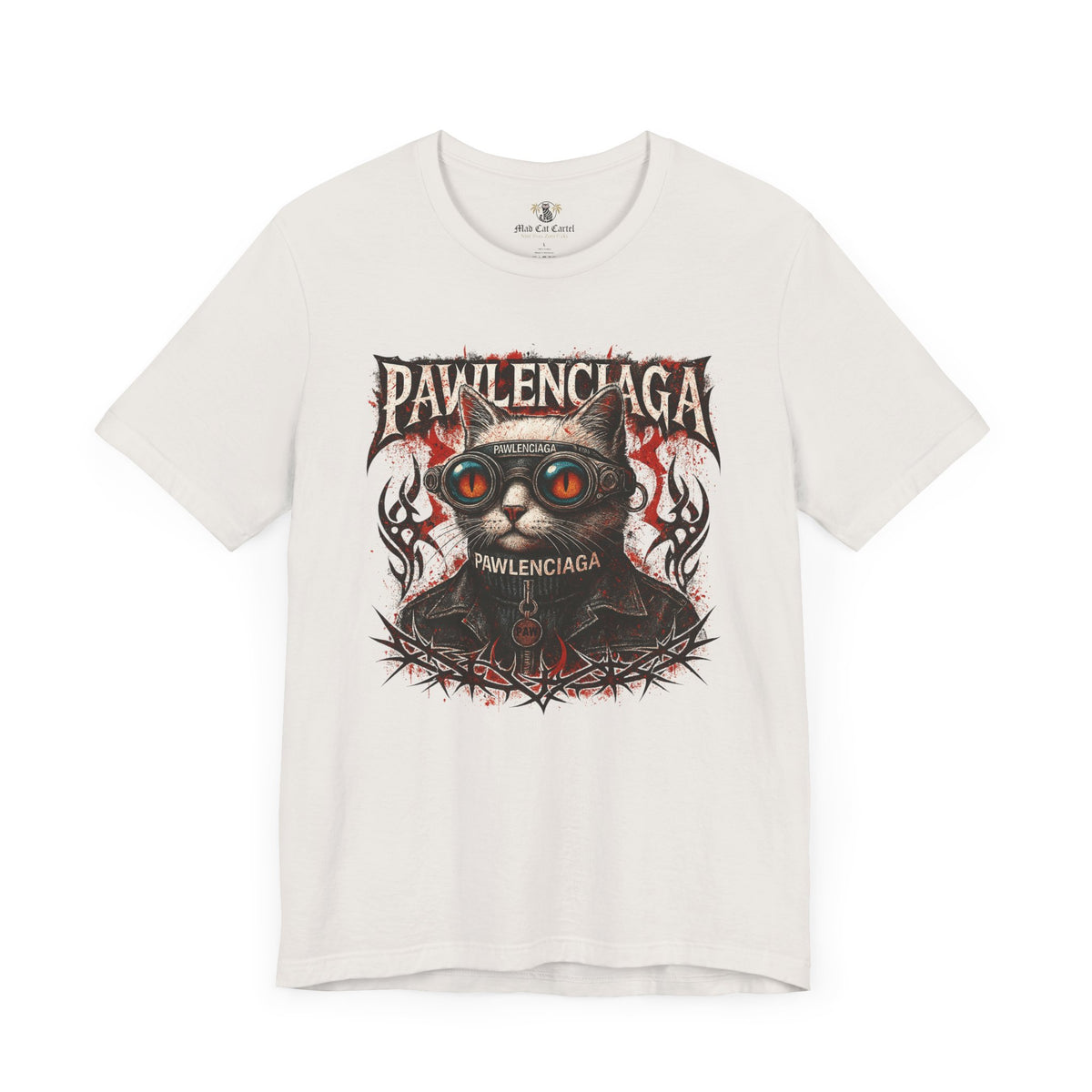 Pawlenciaga Apocalypse Cat Graphic T-Shirt in vintage white, flat lay