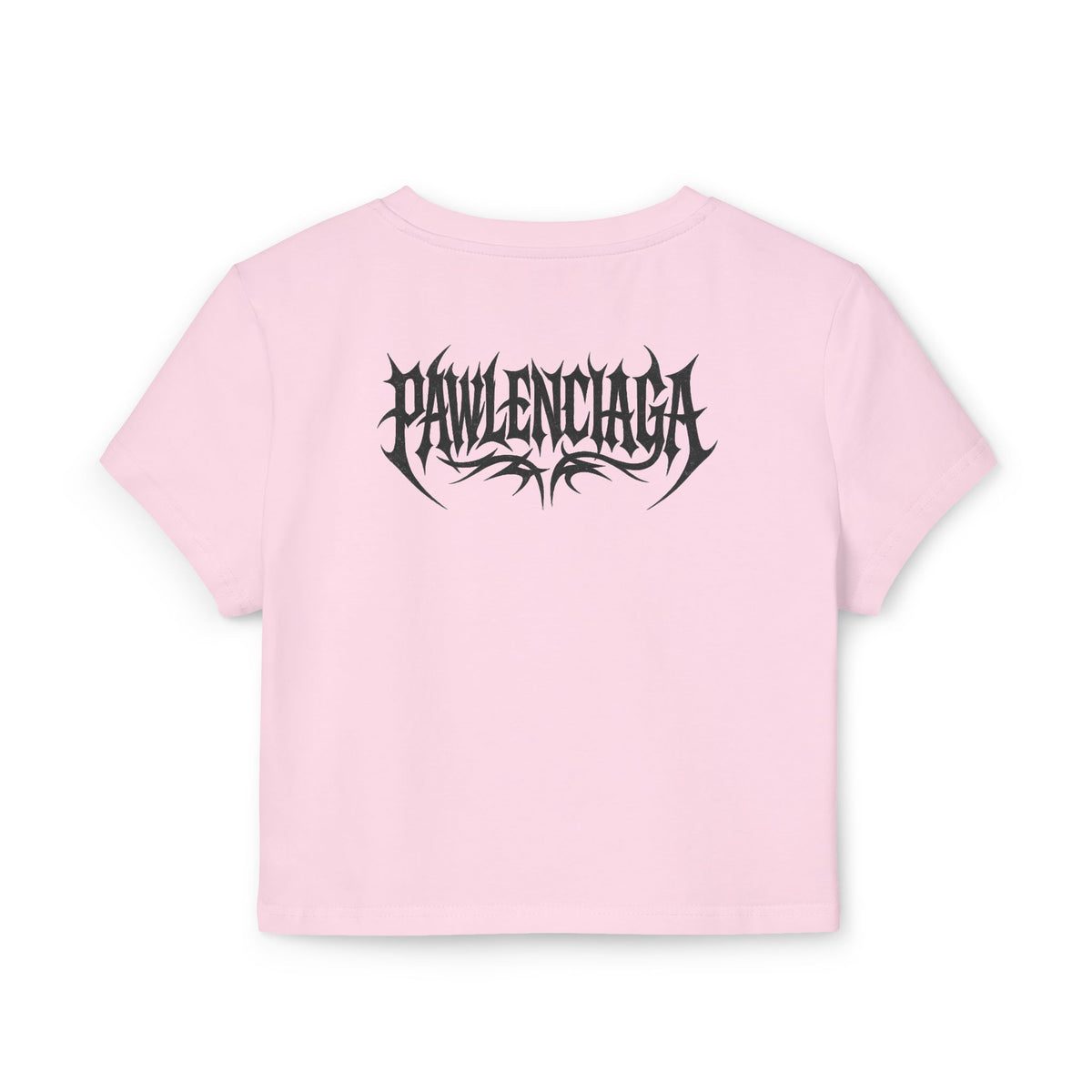 Pawlenciaga Apocalypse Cat Graphic Women's Baby Tee in light pink, back view