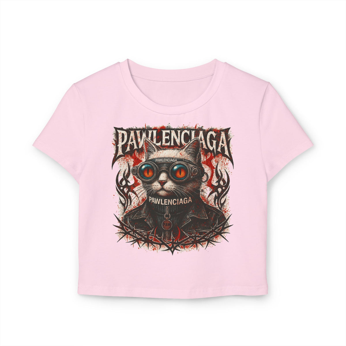 Pawlenciaga Apocalypse Cat Graphic Women's Baby Tee in light pink, front view