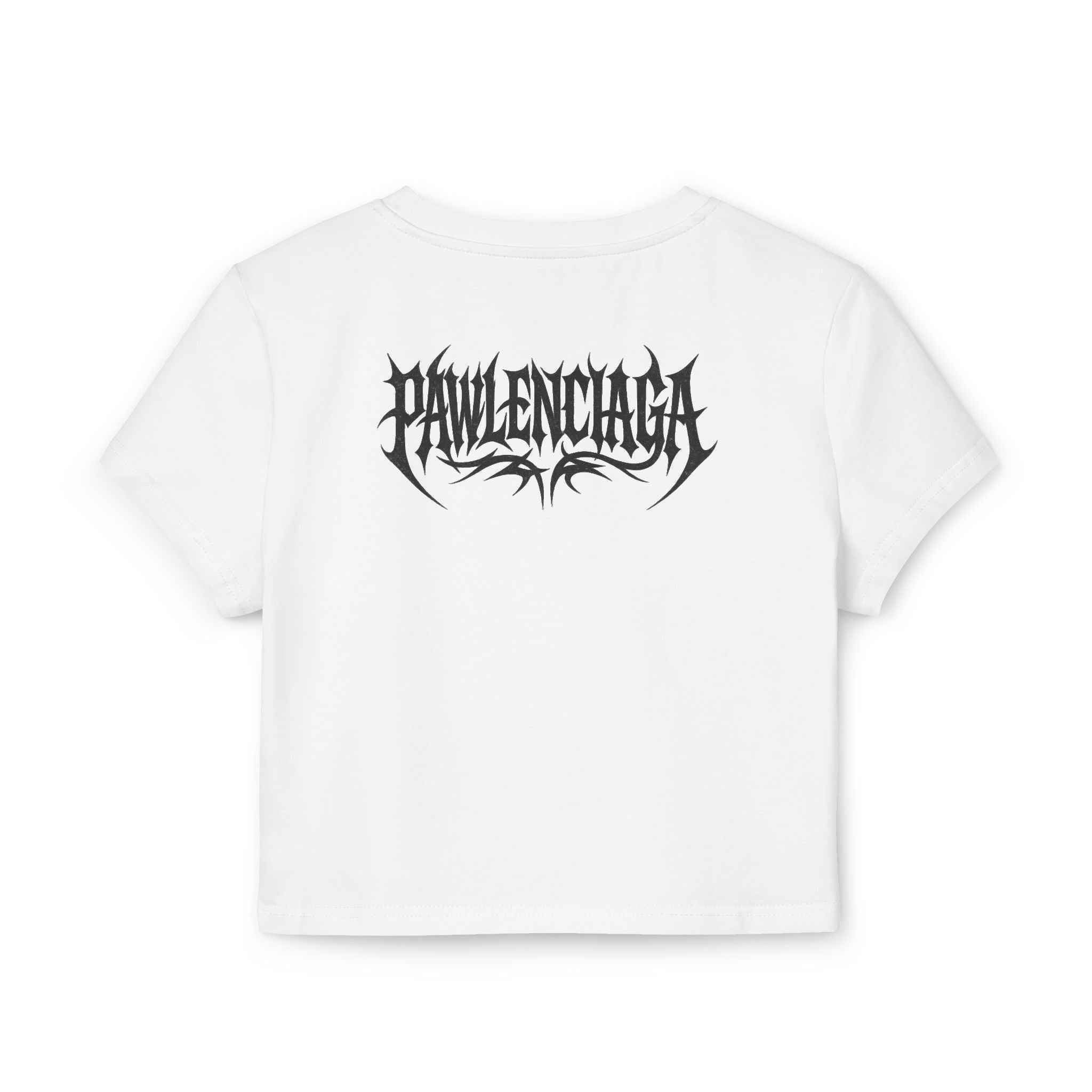 Pawlenciaga Apocalypse Cat Graphic Women's Baby Tee in white, back view