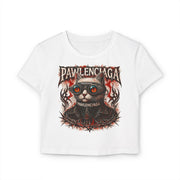 Pawlenciaga Apocalypse Cat Graphic Women's Baby Tee in white, front view