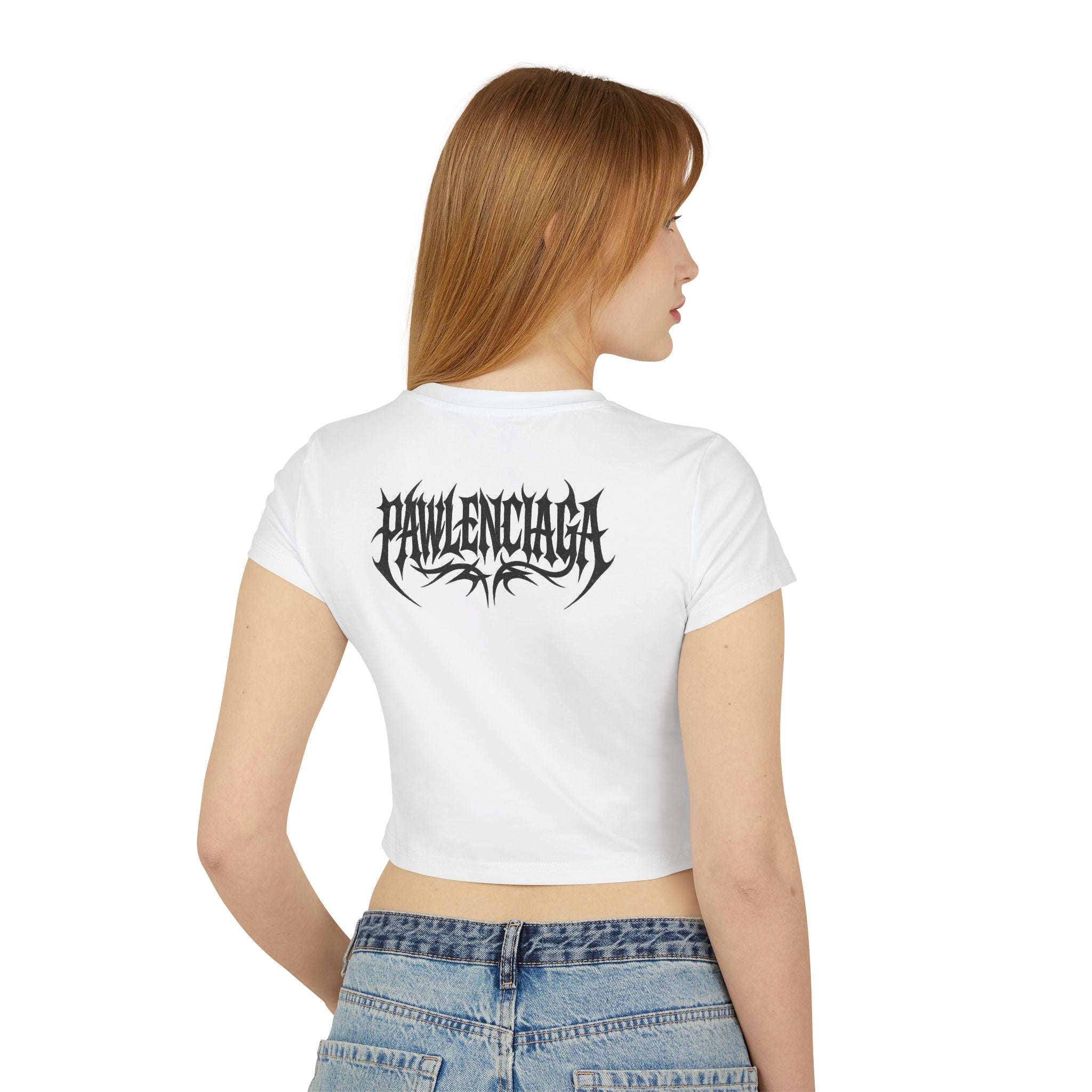Pawlenciaga Apocalypse Cat Graphic Women's Baby Tee in white, back view on a model
