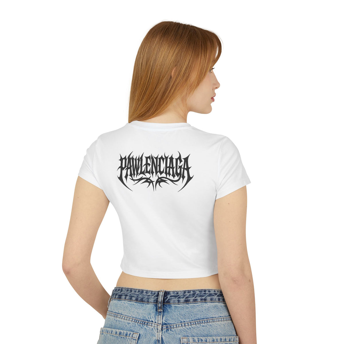 Pawlenciaga Apocalypse Cat Graphic Women's Baby Tee in white, back view on a model