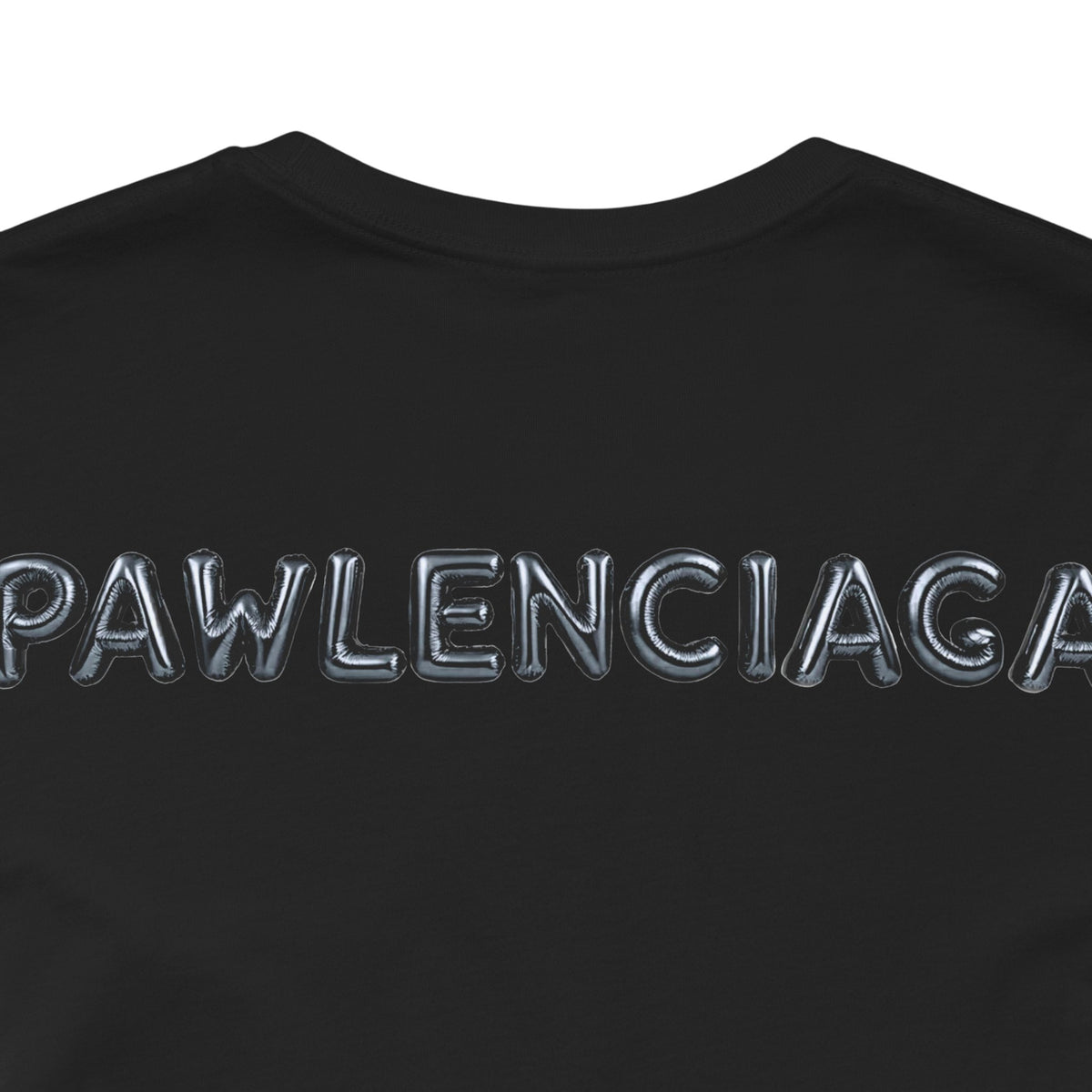 Pawlenciaga Cat Balloon Funny Graphic T-Shirt in black, close-up of the back print