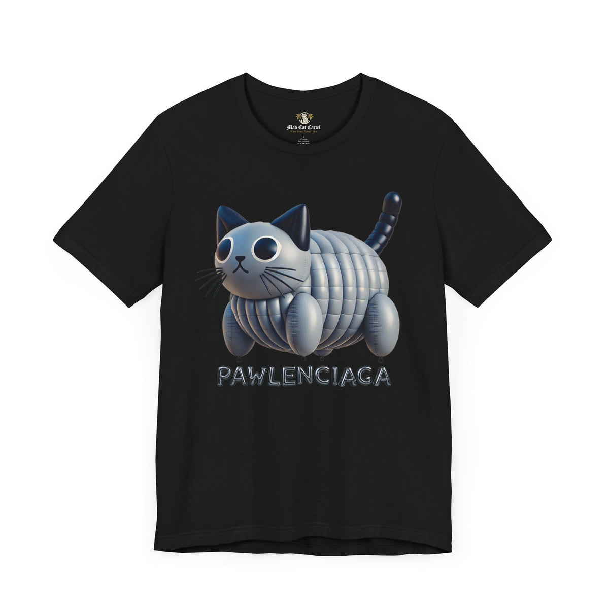 Pawlenciaga Cat Balloon Funny Graphic T-Shirt in black, flat lay