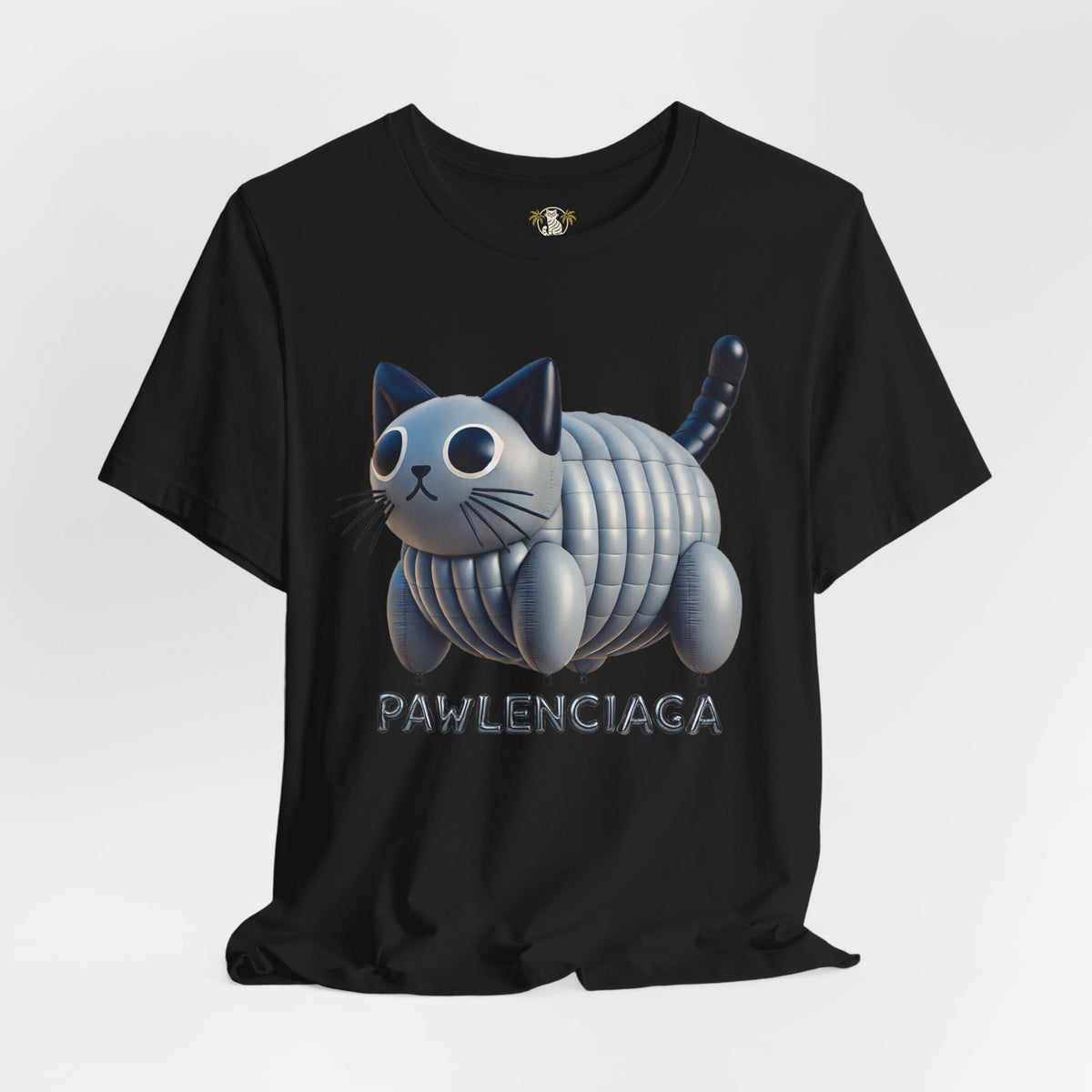 Pawlenciaga Cat Balloon Funny Graphic T-Shirt in black, front view