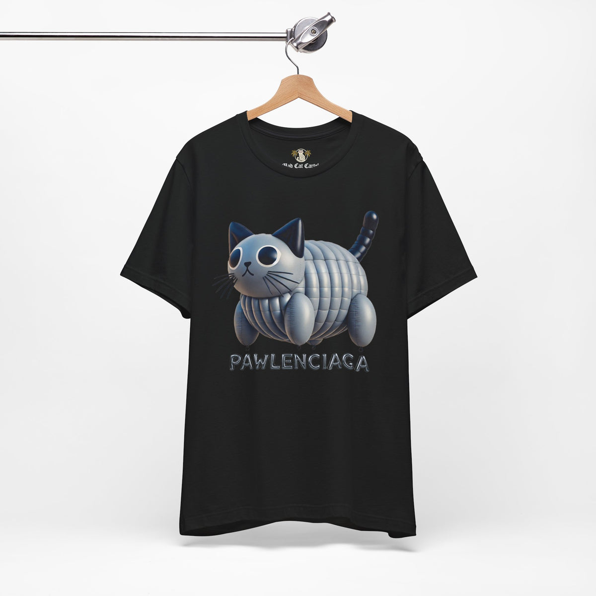 Pawlenciaga Cat Balloon Funny Graphic T-Shirt in black, on a hanger