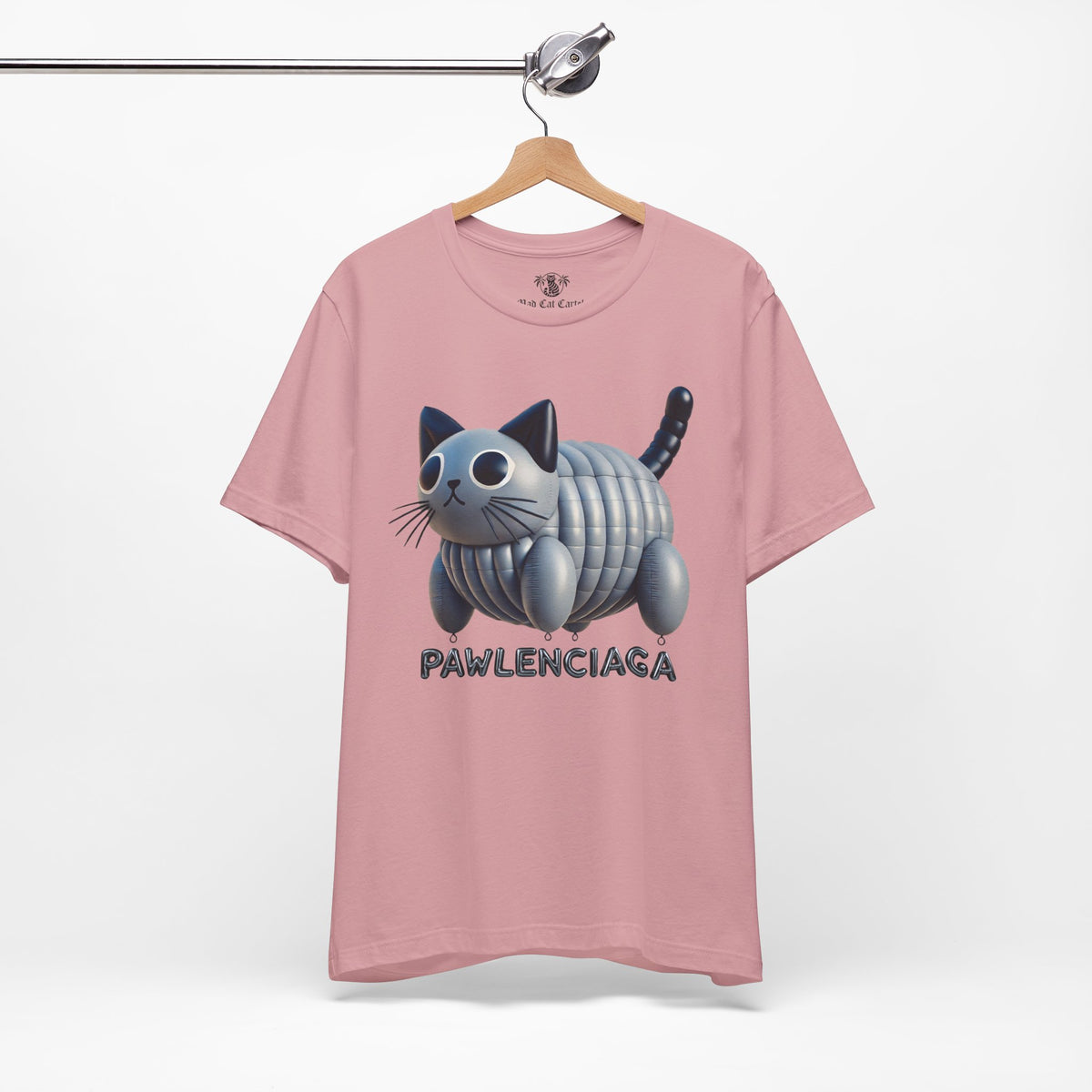 Pawlenciaga Cat Balloon Funny Graphic T-Shirt in orchid, on a hanger
