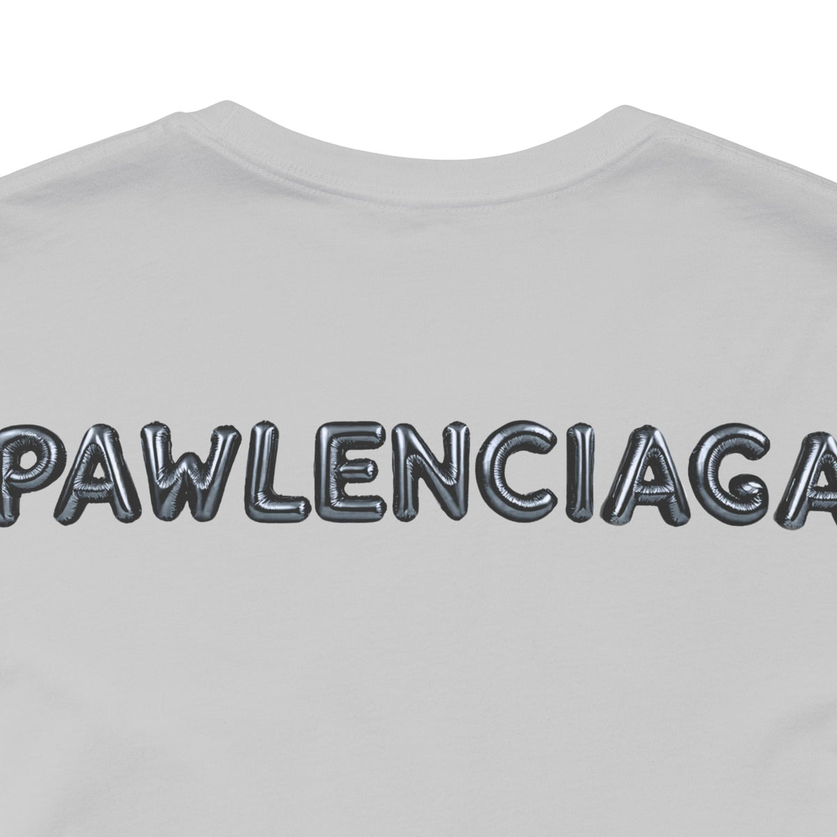 Pawlenciaga Cat Balloon Funny Graphic T-Shirt in solid athletic grey, close-up detail