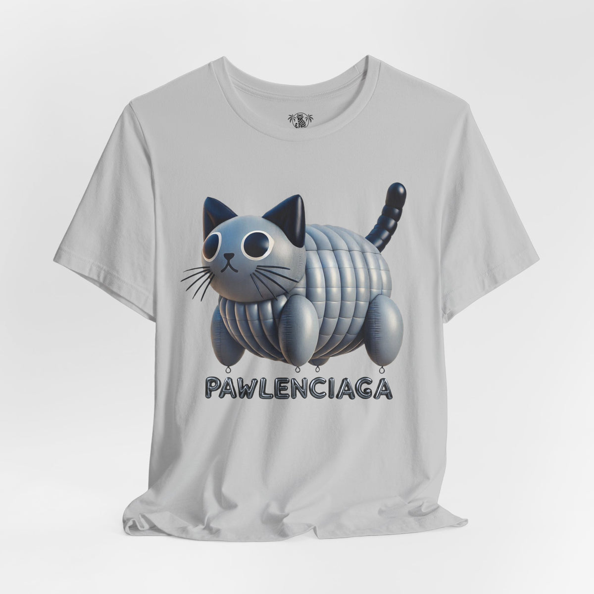 Pawlenciaga Cat Balloon Funny Graphic T-Shirt in solid athletic grey, flat lay