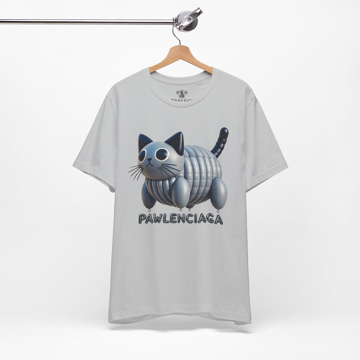 Pawlenciaga Cat Balloon Funny Graphic T-Shirt in solid athletic grey, on a hanger