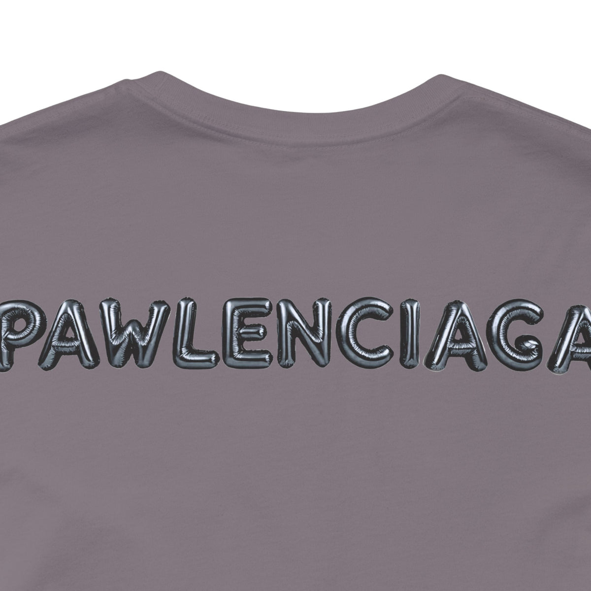 Pawlenciaga Cat Balloon Funny Graphic T-Shirt in storm, close-up of the back print
