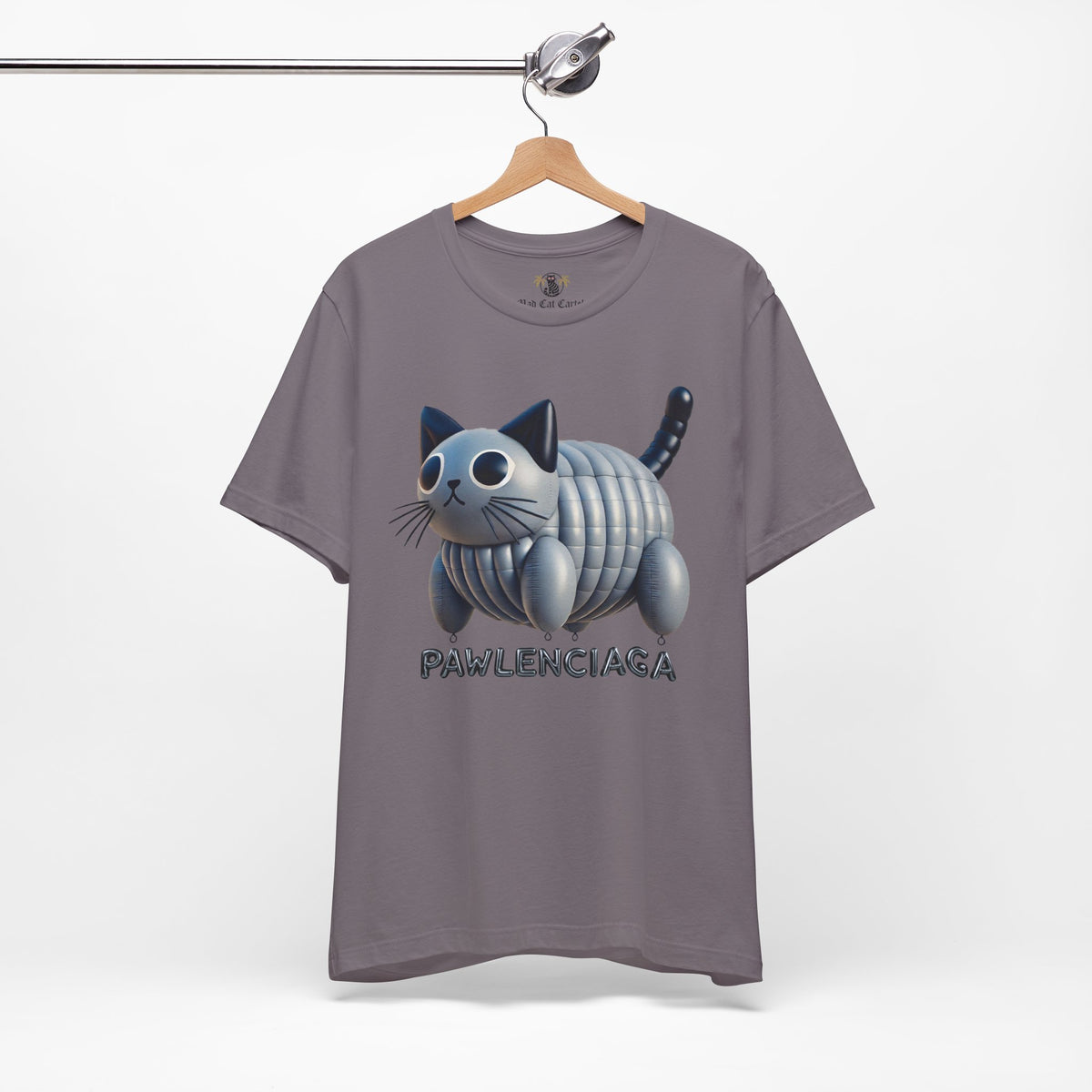 Pawlenciaga Cat Balloon Funny Graphic T-Shirt in storm, on a hanger