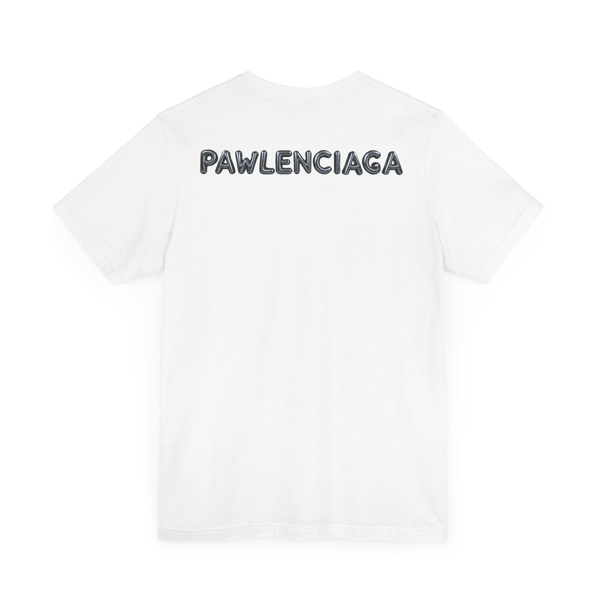 Pawlenciaga Cat Balloon Funny Graphic T-Shirt in white, back view