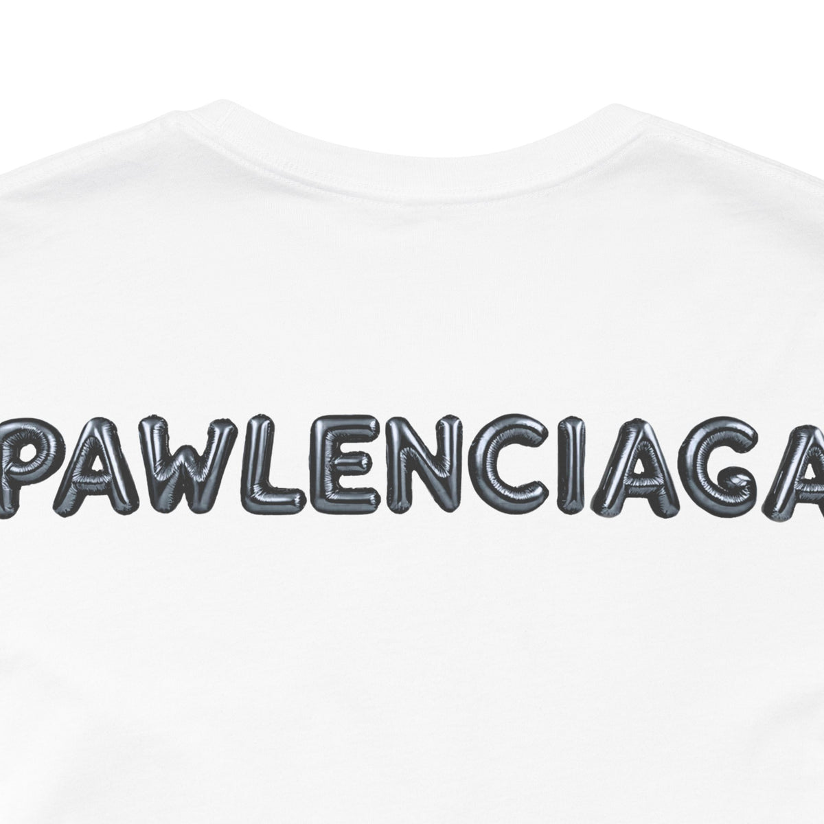 Pawlenciaga Cat Balloon Funny Graphic T-Shirt in white, close-up of the back print