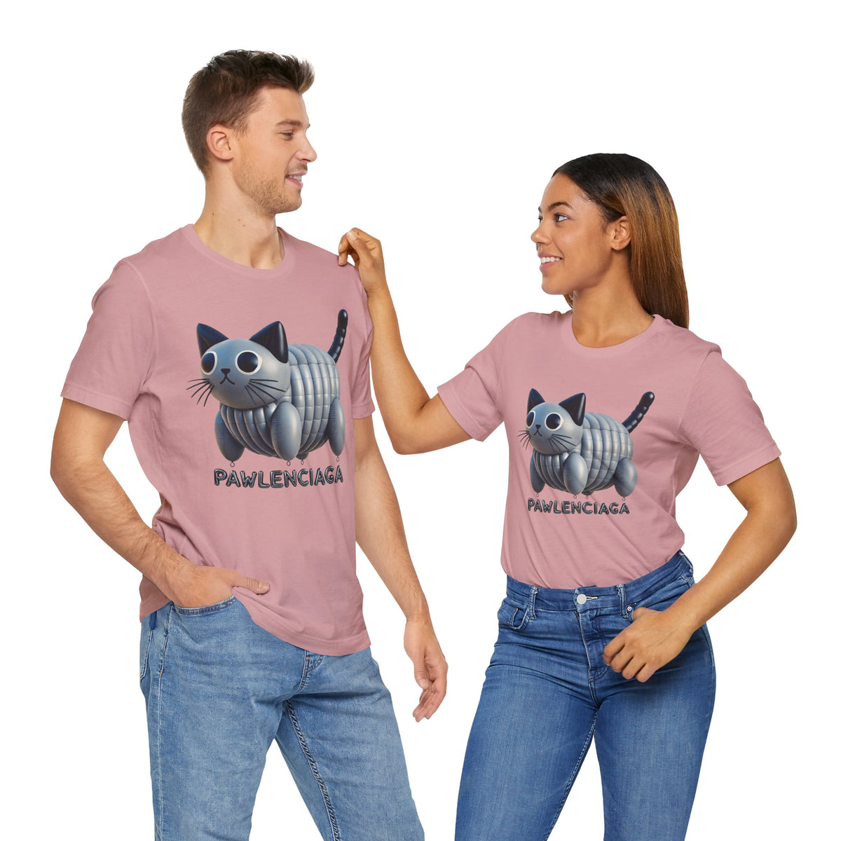 Pawlenciaga Cat Balloon Funny Graphic T-Shirt in white, worn by two models