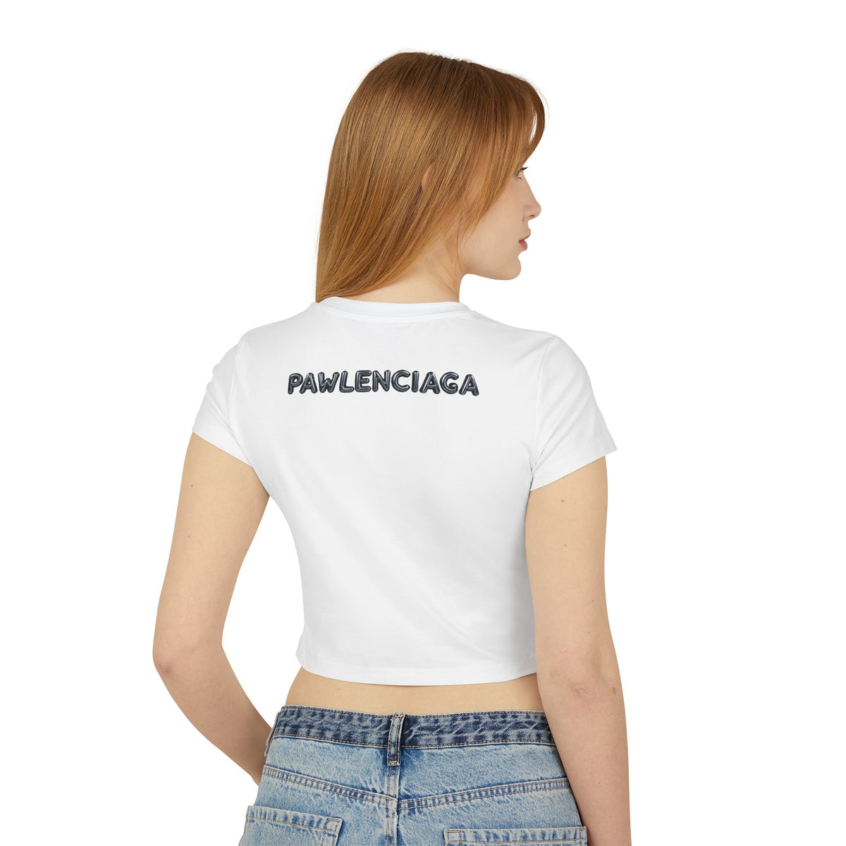 Pawlenciaga Cat Balloon Graphic Women's Baby Tee in white, back view on a model
