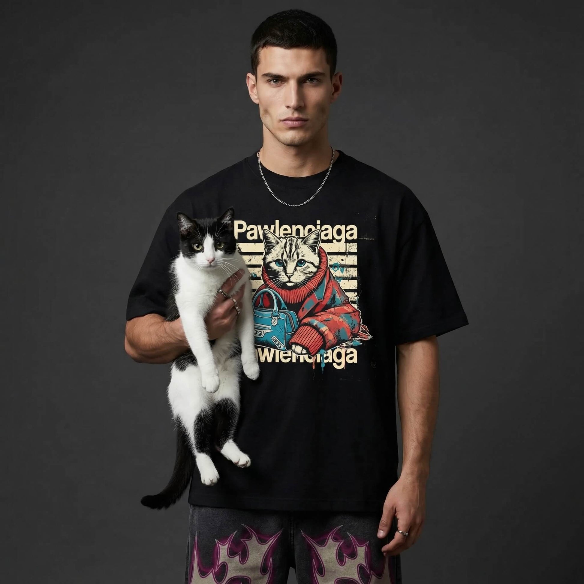 Pawlenciaga oversized black tee for cat lovers by Mad Cat Cartel