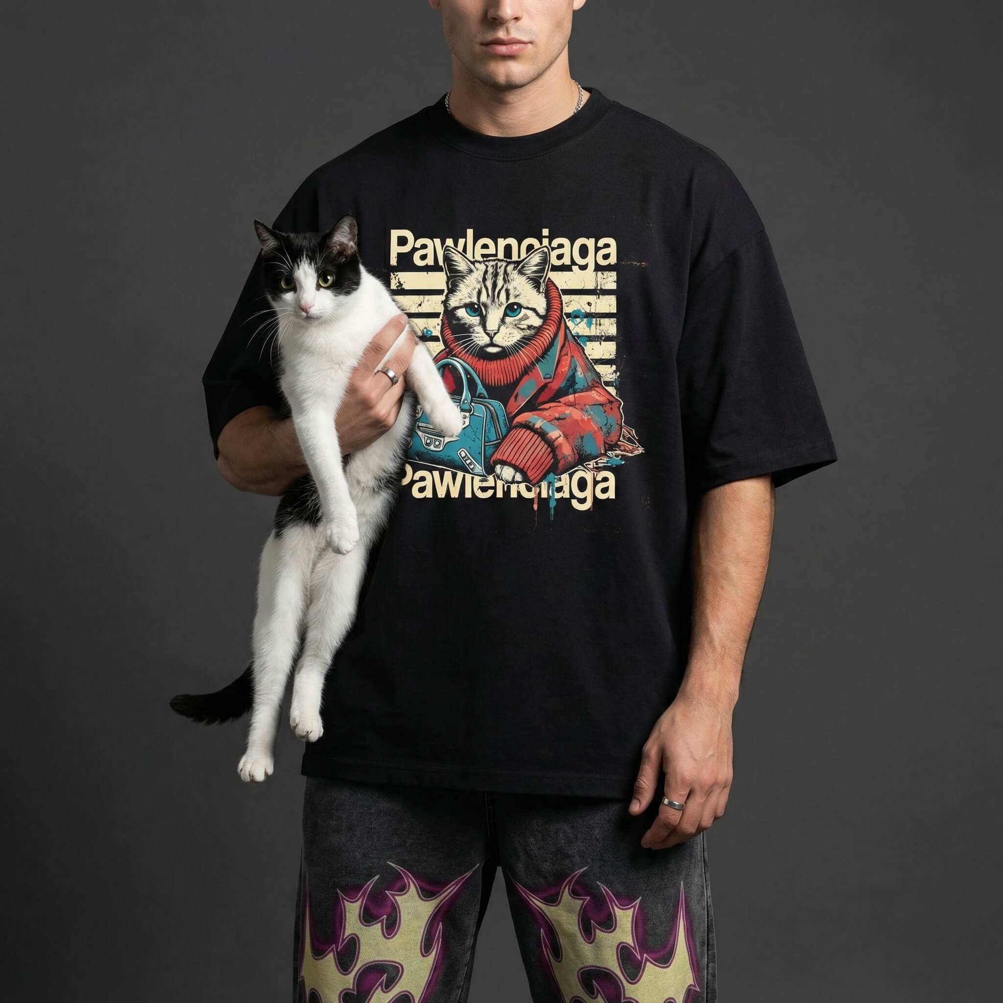 Pawlenciaga designer parody tee for cat lovers, black t shirt by Mad Cat Cartel