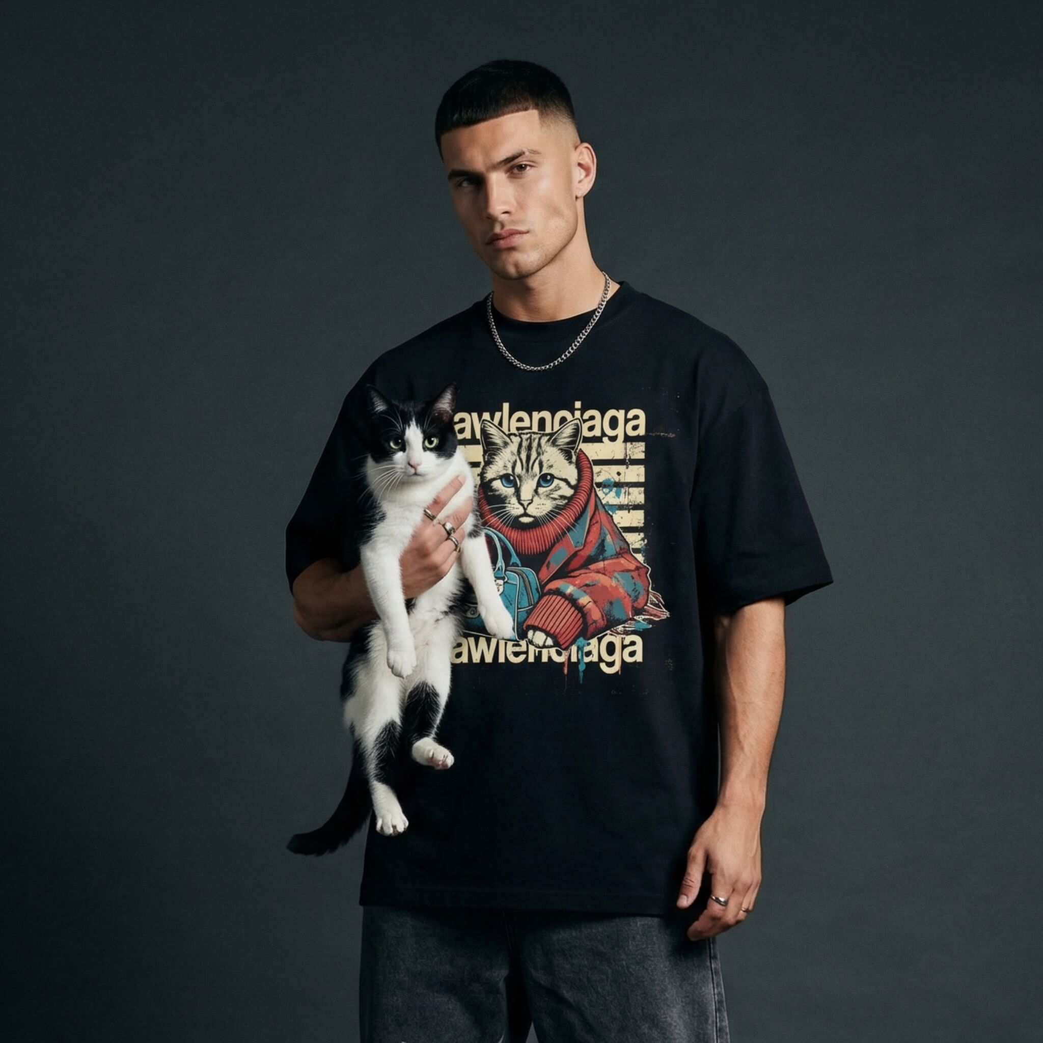 man wearing designer tee for cat lovers, black Pawlenciaga shirt