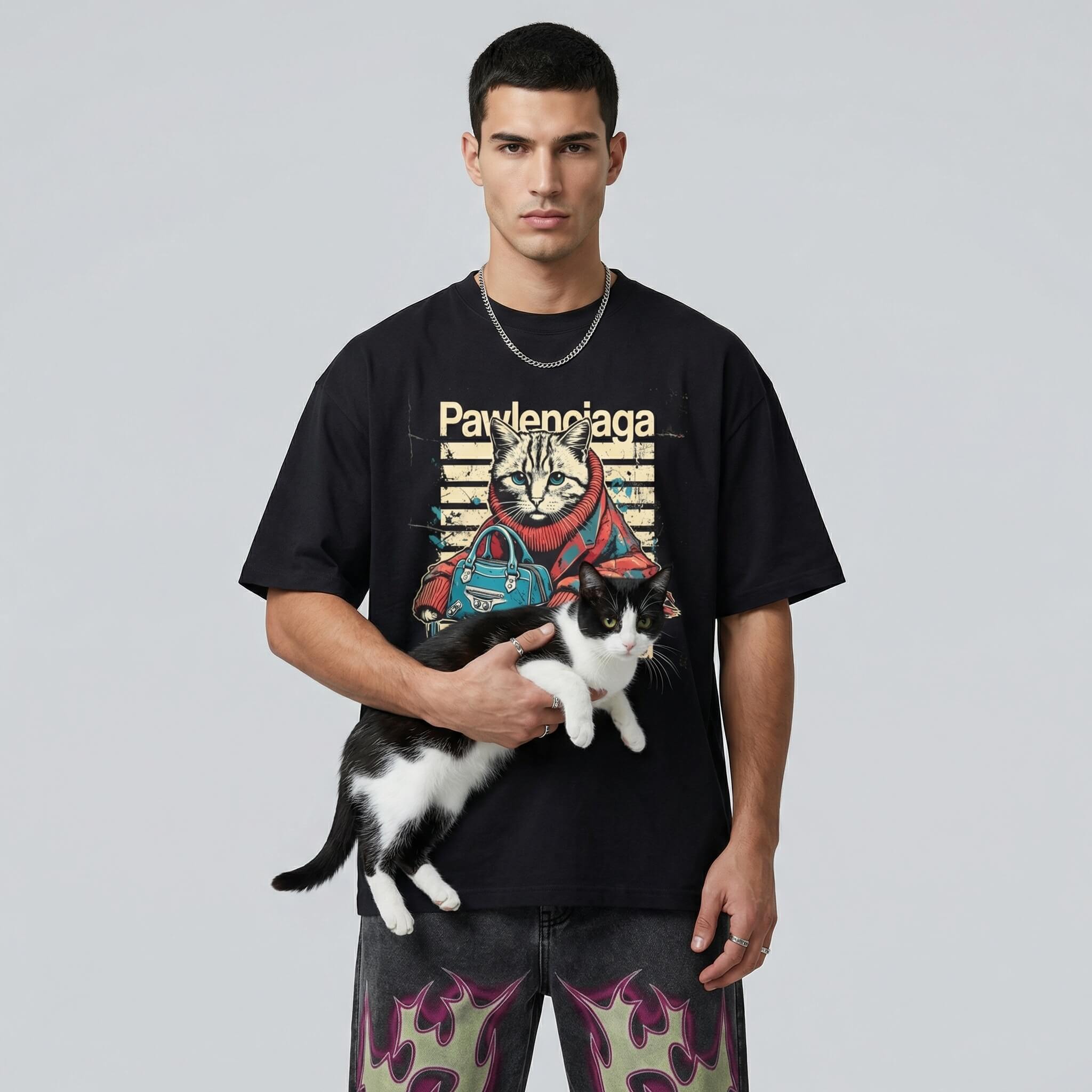 Pawlenciaga Oversized Cat T Shirt | Parody Mens Tee – Mad Cat Cartel