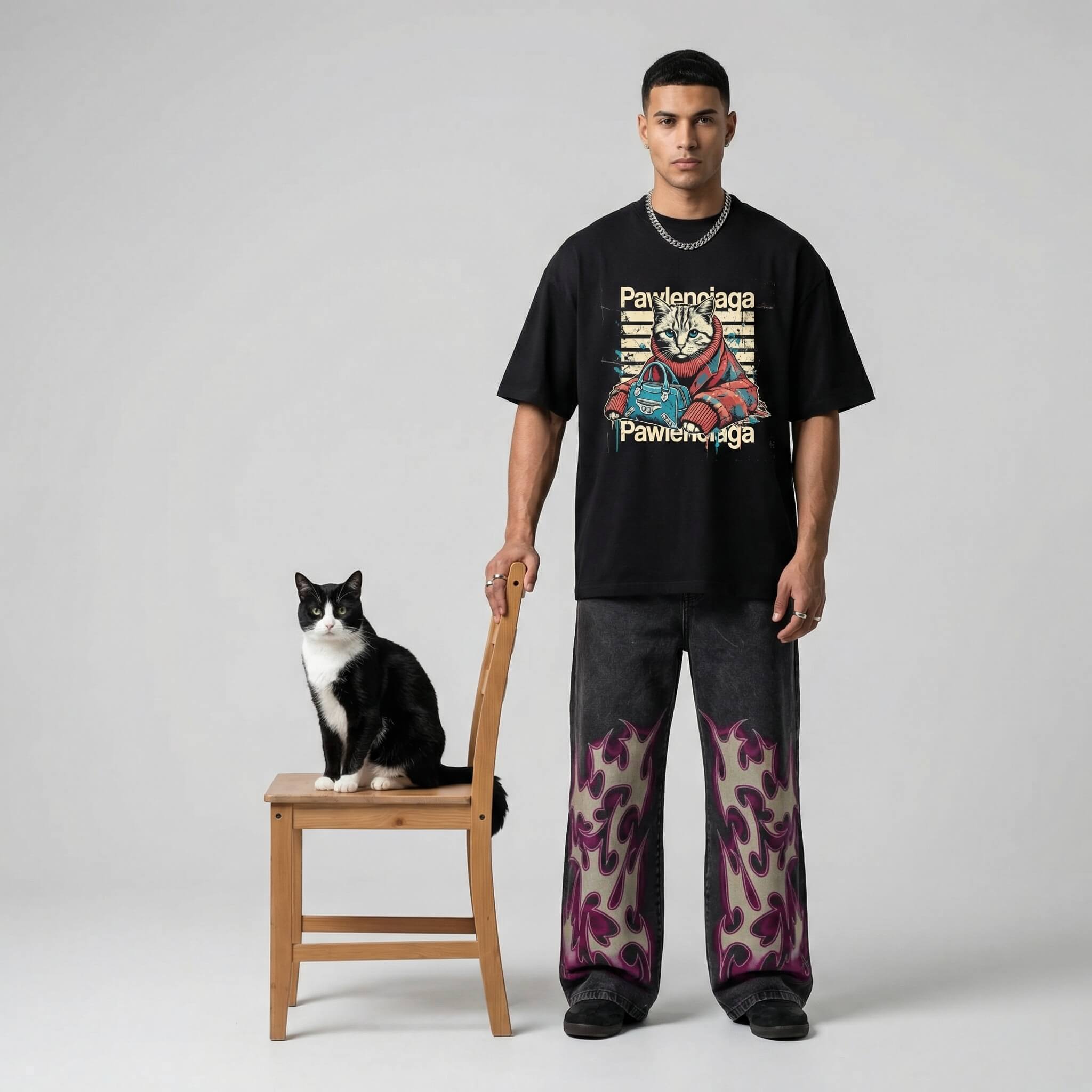 Man posing in black oversized Pawlenciaga t shirt for cat lovers by Mad Cat Cartel