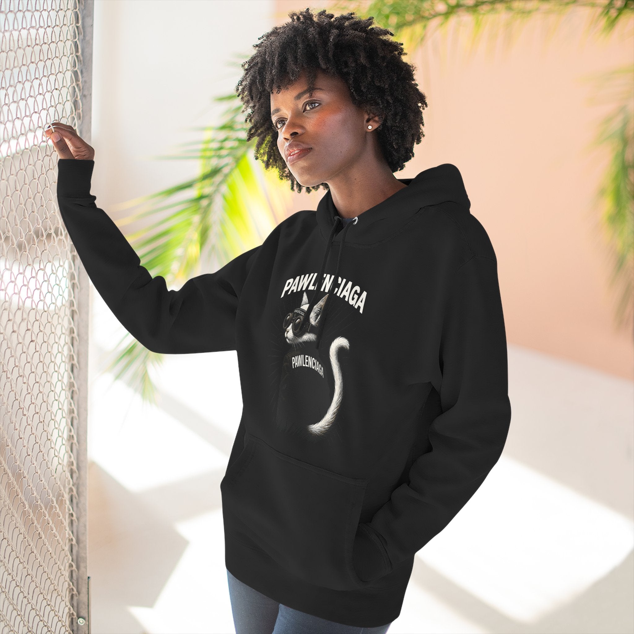 Pawlenciaga Cat With Goggles Back Pose Graphic Black Hoodie, worn by a female model