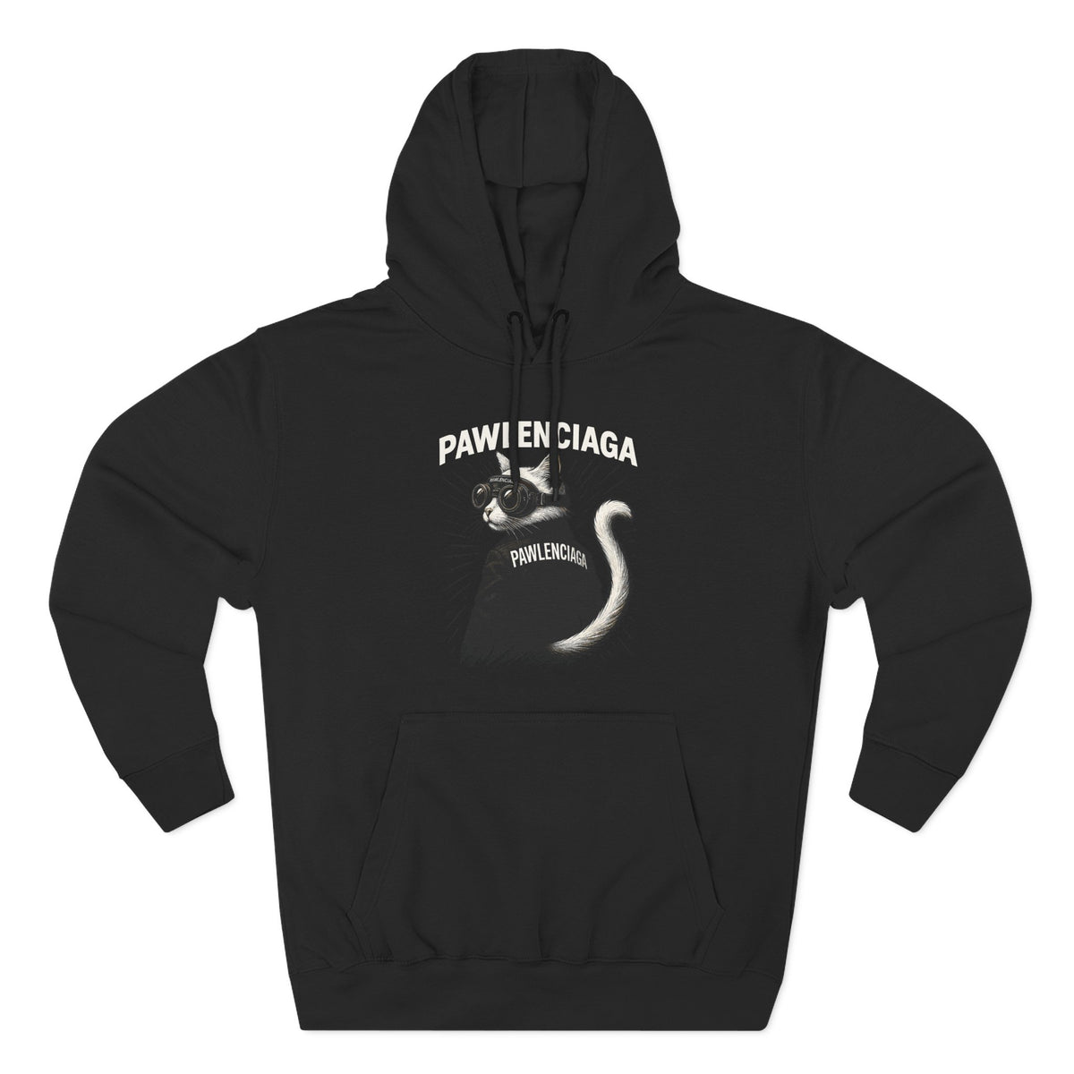 Pawlenciaga Cat With Goggles Back Pose Graphic Black Hoodie, front view