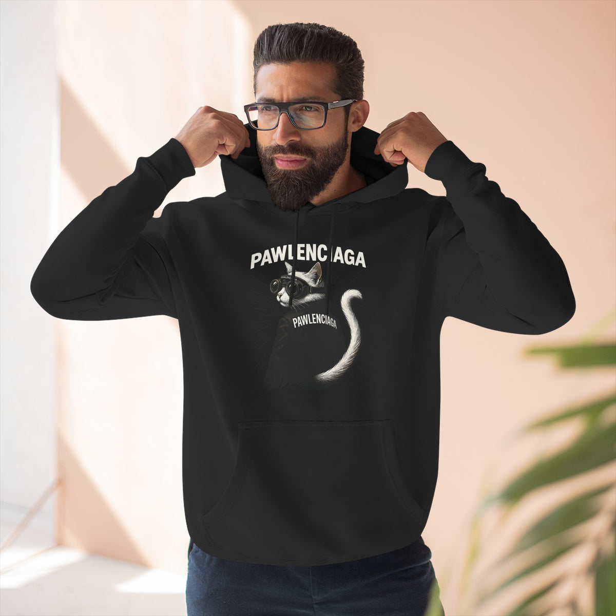Pawlenciaga Cat With Goggles Back Pose Graphic Black Hoodie, worn by a male model