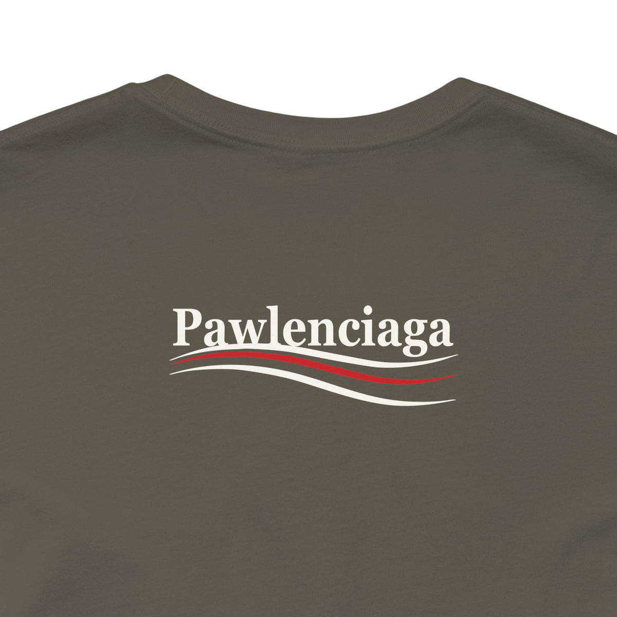 Pawlenciaga Cat With Goggles Back Pose Graphic T-Shirt in army, close-up of the back print