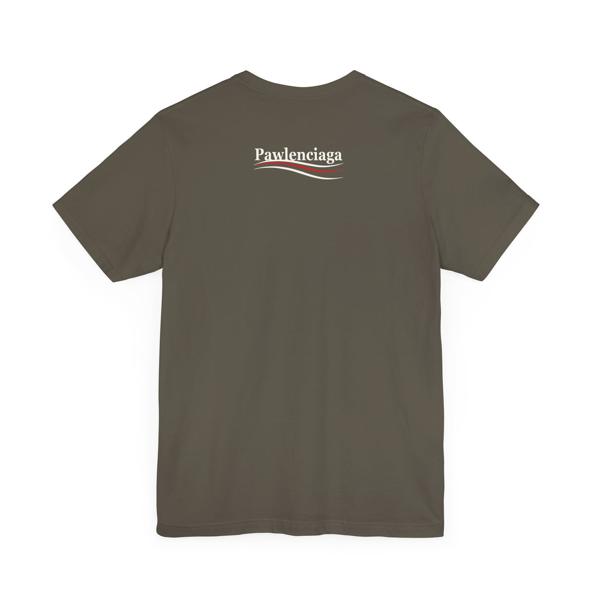 Pawlenciaga Cat With Goggles Back Pose Graphic T-Shirt in army, flat lay, back